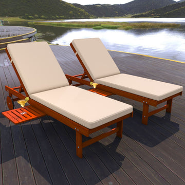 Seabrook Outdoor Acacia Wood Lounger with Cushion, 5-Position Back, Slide Table & Wheels - JONATHAN Y